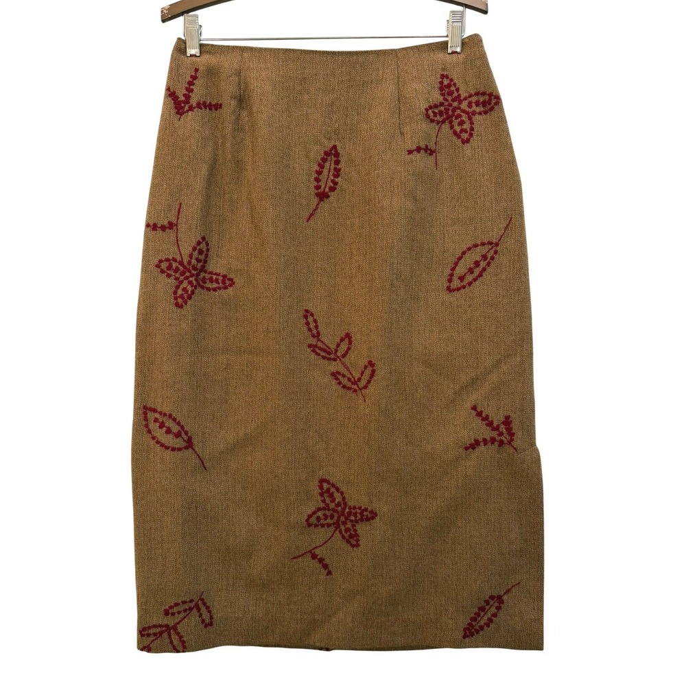 Sigrid Olsen Sport Tan Wool Blend Embroidered Floral Pencil Skirt Size 10